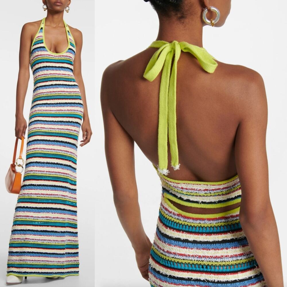 STAUD | Annabella Crochet Knit Striped Halterneck Maxi Dress in Pacific Reef S